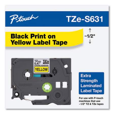Brother P-Touch TZe Extra-Strength Adhesive Laminated Labeling Tape, 0.47" x 26.2 ft, Black on Yellow (TZES631)
