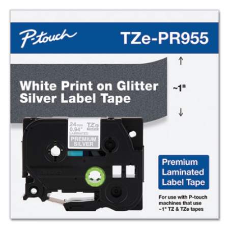 Brother TZe Premium Laminated Tape, 0.94" x 26.2 ft, White on Silver (TZEPR955)
