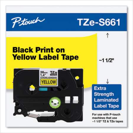 Brother P-Touch TZ Extra-Strength Adhesive Laminated Labeling Tape, 1.4" x 26.2 ft, Black on Yellow (TZES661)