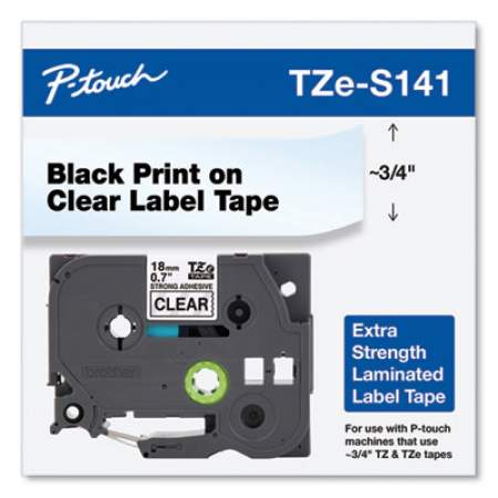 Brother P-Touch TZe Extra-Strength Adhesive Laminated Labeling Tape, 0.7" x 26.2 ft, Black on Clear (TZES141)