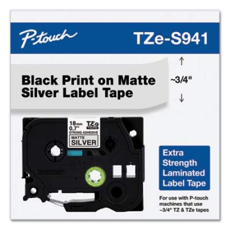 Brother P-Touch TZ Extra-Strength Adhesive Laminated Labeling Tape, 0.7" x 26.2 ft, Black on Matte Silver (TZES941)