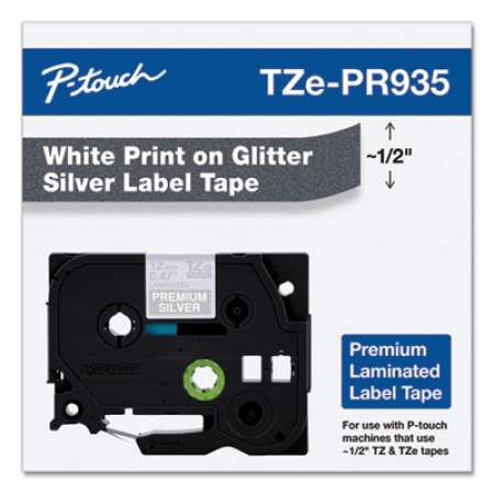 Brother TZe Premium Laminated Tape, 0.47" x 26.2 ft, White on Silver (TZEPR935)