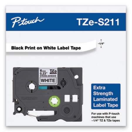 Brother P-Touch TZe Extra-Strength Adhesive Laminated Labeling Tape, 0.23" x 26.2 ft, Black on White (TZES211)