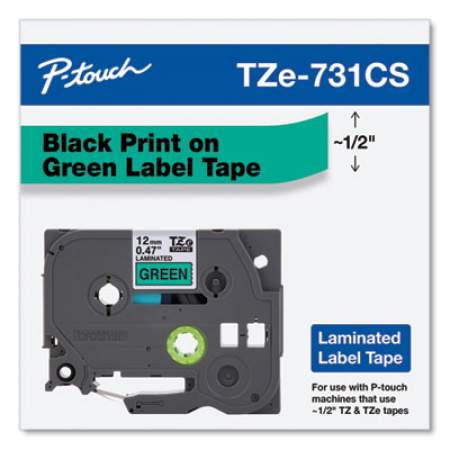 Brother P-Touch TZe Laminated Removable Label Tapes, 0.47" x 26.2 ft, Black on Green (TZE731CS)