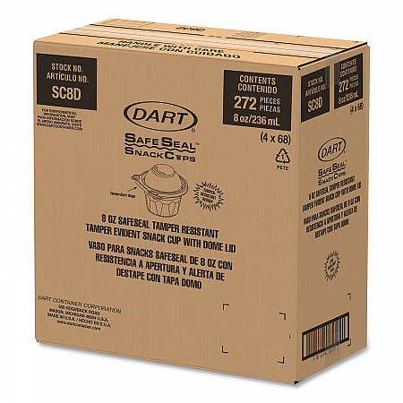 ClearPac SafeSeal Tamper-Resistant, Tamper-Evident Containers, Snack Cup, Domed Lid, 8 oz, Clear, Plastic, 272/Carton (SC8D)
