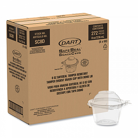 ClearPac SafeSeal Tamper-Resistant, Tamper-Evident Containers, Snack Cup, Domed Lid, 8 oz, Clear, Plastic, 272/Carton (SC8D)