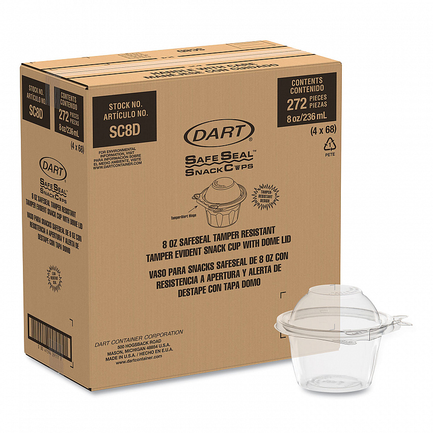 ClearPac SafeSeal Tamper-Resistant, Tamper-Evident Containers, Snack Cup, Domed Lid, 8 oz, Clear, Plastic, 272/Carton (SC8D)