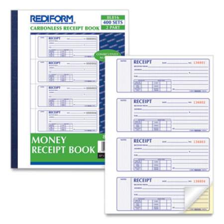 Rediform Receipt Book,Two-Part Carbonless, 7 x 2.75, 4/Page, 400 Forms (8L816)