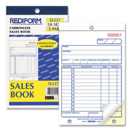Rediform Sales Book, Two-Part Carbonless, 4.25 x 6.38, 1/Page, 50 Forms (5L527)