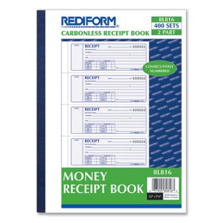Rediform Receipt Book,Two-Part Carbonless, 7 x 2.75, 4/Page, 400 Forms (8L816)