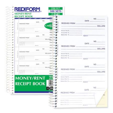 Rediform Money and Rent Unnumbered Receipt Book, Two-Part Carbonless, 5.5 x 2.75, 4/Page, 500 Forms (23L117)