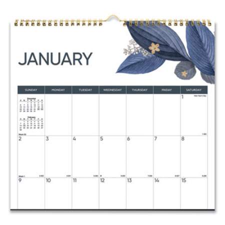 Blueline 12-Month Colorful Wall Calendar, Watercolor Gold Detail Floral Artwork, 12 x 17, White Sheets, 12-Month (Jan to Dec): 2022 (C173128)
