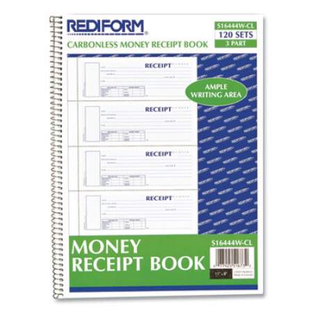 Rediform Spiralbound Unnumbered Money Receipt Book, Three-Part Carbonless, 7 x 2.75, 4/Page, 120 Forms (S16444WCL)