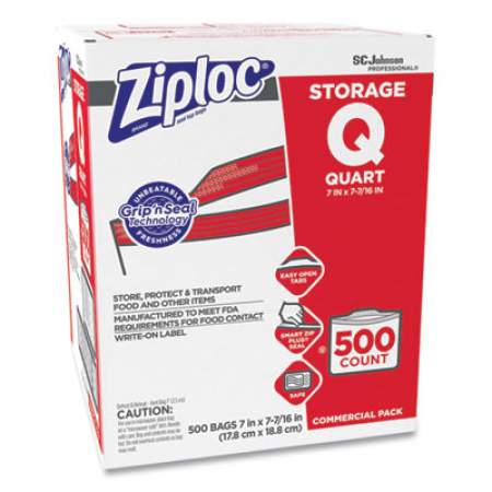 Ziploc Double Zipper Storage Bags, 1 qt, 1.75 mil, 7" x 7.75", Clear, 500/Box (682256)