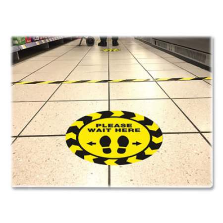Avery Social Distancing Floor Decals, 10.5" dia, Please Wait Here, Yellow/Black Face, Black Graphics, 5/Pack (83020)