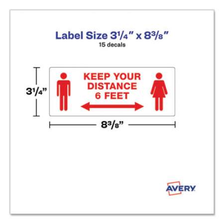 Avery Preprinted Surface Safe ID Decals, 8.38 x 3.25, Keep Your Distance 6 Feet, White Face, Red Graphics, 15/Pack (83079)