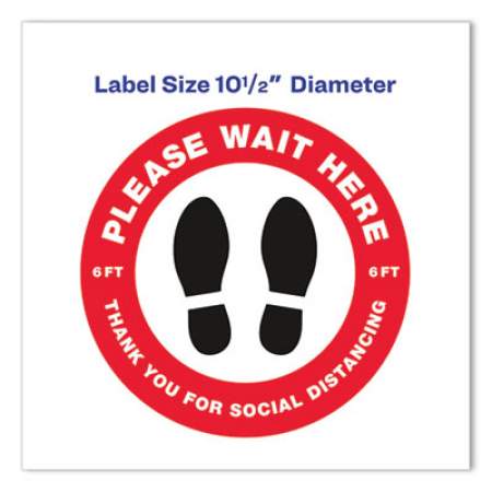 Avery Social Distancing Floor Decals, 10.5" dia, Please Wait Here, Red/White Face, Black Graphics, 5/Pack (83090)