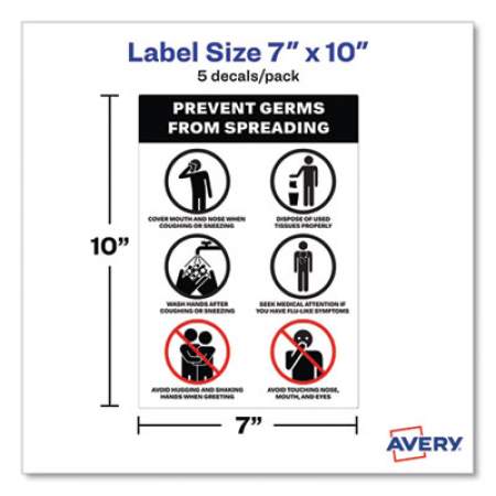 Avery Preprinted Surface Safe Wall Decals, 7 x 10, Prevent Germs from Spreading, White/Black Face, Black Graphics, 5/Pack (83174)
