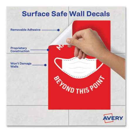 Avery Preprinted Surface Safe Wall Decals, 7 x 10, Mask Required Beyond This Point, Red Face, White Graphics, 5/Pack (83177)