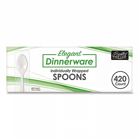 Elegant Dinnerware Heavyweight Cutlery, Individually Wrapped, Spoon, Plastic, White, 420/Box (90187)