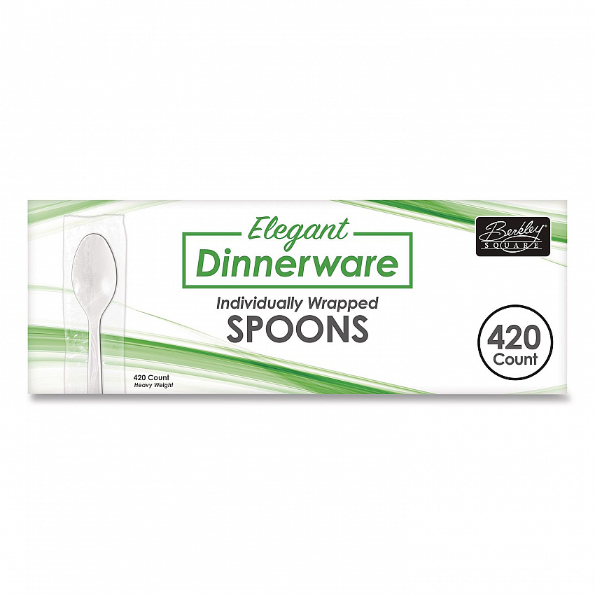 Elegant Dinnerware Heavyweight Cutlery, Individually Wrapped, Spoon, Plastic, White, 420/Box (90187)