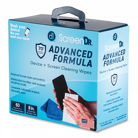 ScreenDr Device and Screen Cleaning Wipes, Includes 60 Individually Wrapped Wipes and 8