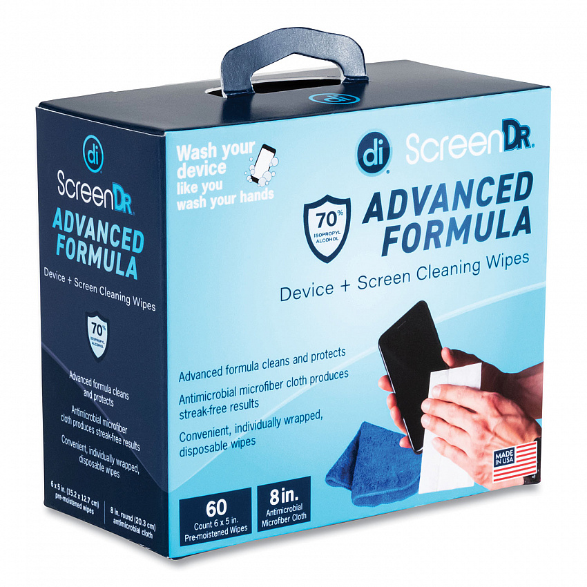ScreenDr Device and Screen Cleaning Wipes, Includes 60 Individually Wrapped Wipes and 8" Microfiber Cloth, 6 x 5, White (32347)