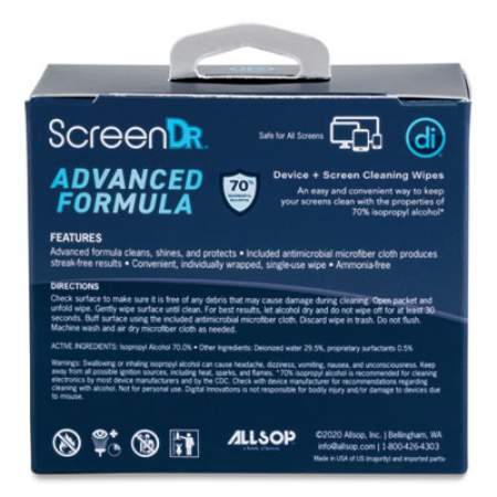 Digital Innovations ScreenDr Device and Screen Cleaning Wipes, Includes 60 White Wipes and 8" Microfiber Cloth, 6 x 5 (32347)