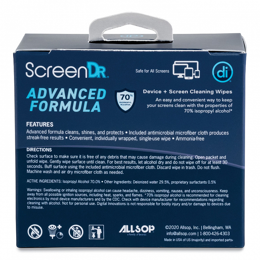 ScreenDr Device and Screen Cleaning Wipes, Includes 60 Individually Wrapped Wipes and 8" Microfiber Cloth, 6 x 5, White (32347)