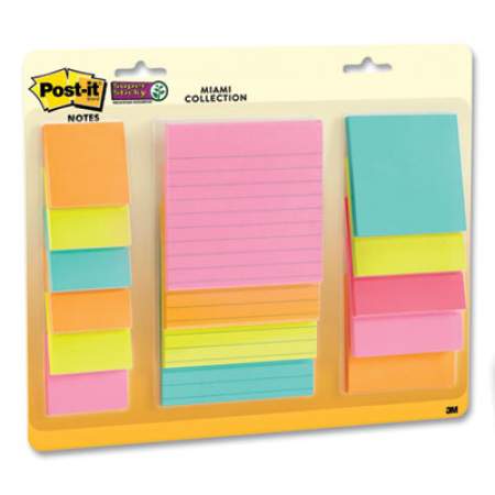 Post-it Notes Super Sticky Pads in Miami Colors, 2 x 2; 3 x 3; 4 x 4, Lined, 45-Sheet,15 Pads/Pack (442315SSMIA)