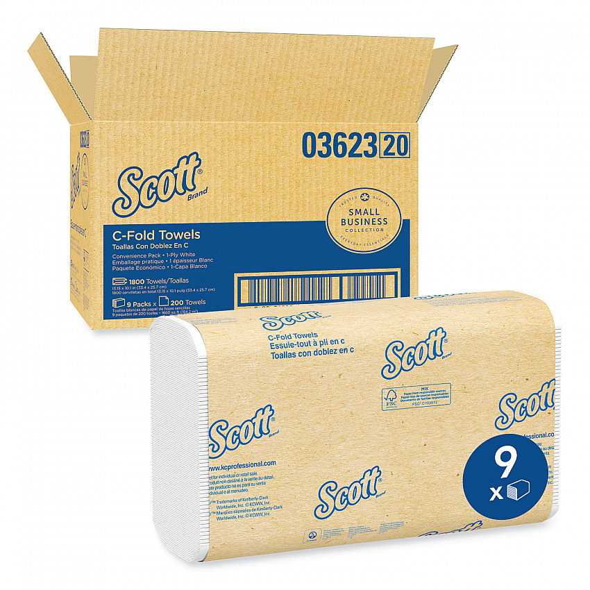 Essential C-Fold Towels for Business, Convenience Pack, 1-Ply, 10.13 x 13.15, White, 200/Pack, 9 Packs/Carton (03623)