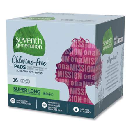 Seventh Generation Chlorine-Free Ultra Thin Pads with Wings, Super Long, 16/Pack, 6 Packs/Carton (450046)