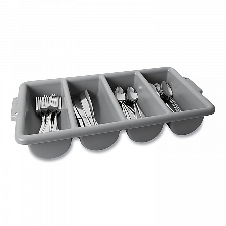 Cutlery Bin, 4 Compartments, 11.5 x 21.25 x 3.75, Plastic, Gray (3362GRA)