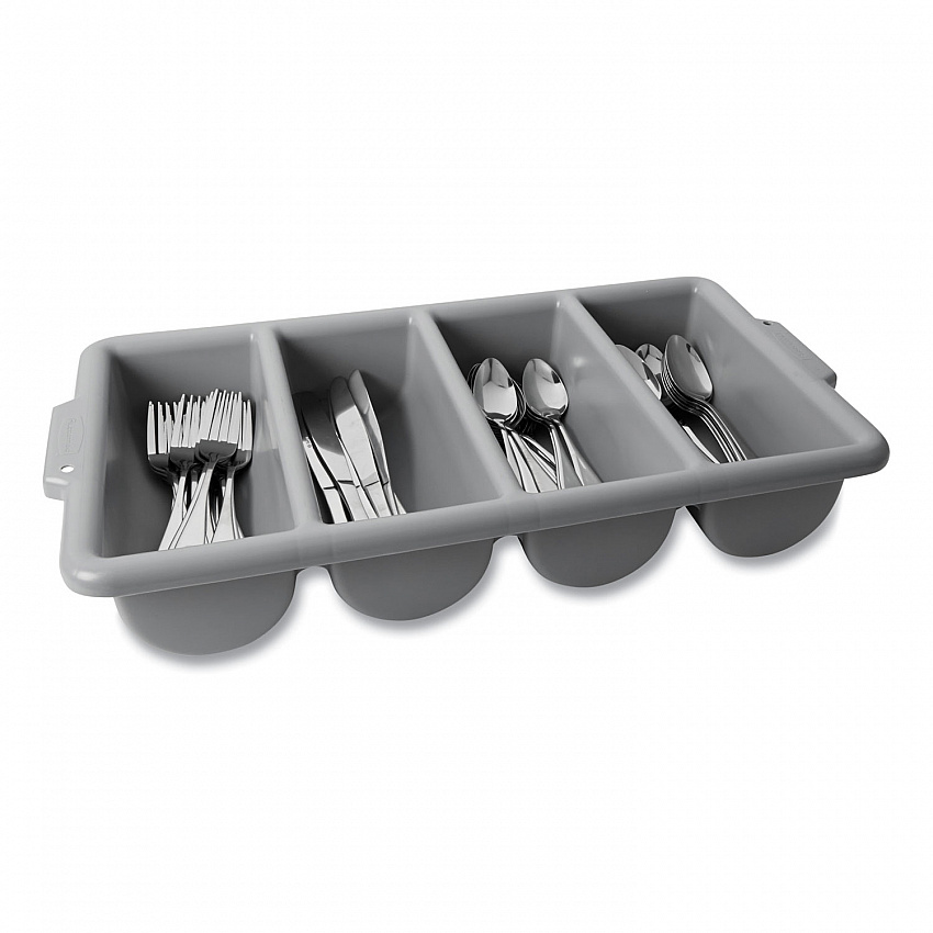 Cutlery Bin, 4 Compartments, 11.5 x 21.25 x 3.75, Plastic, Gray (3362GRA)
