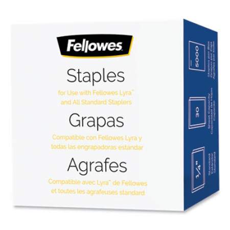 Fellowes Standard 0.25" Full Strip Staples, 0.25" Leg, 0.5" Crown, Steel, 5,000/Pack (5009501)
