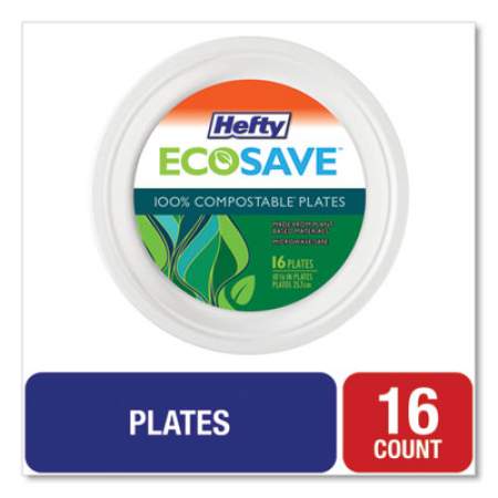 Hefty ECOSAVE Tableware, Plate, Bagasse, 10.13" dia, White, 16/Pack, 12 Packs/Carton (D71016)