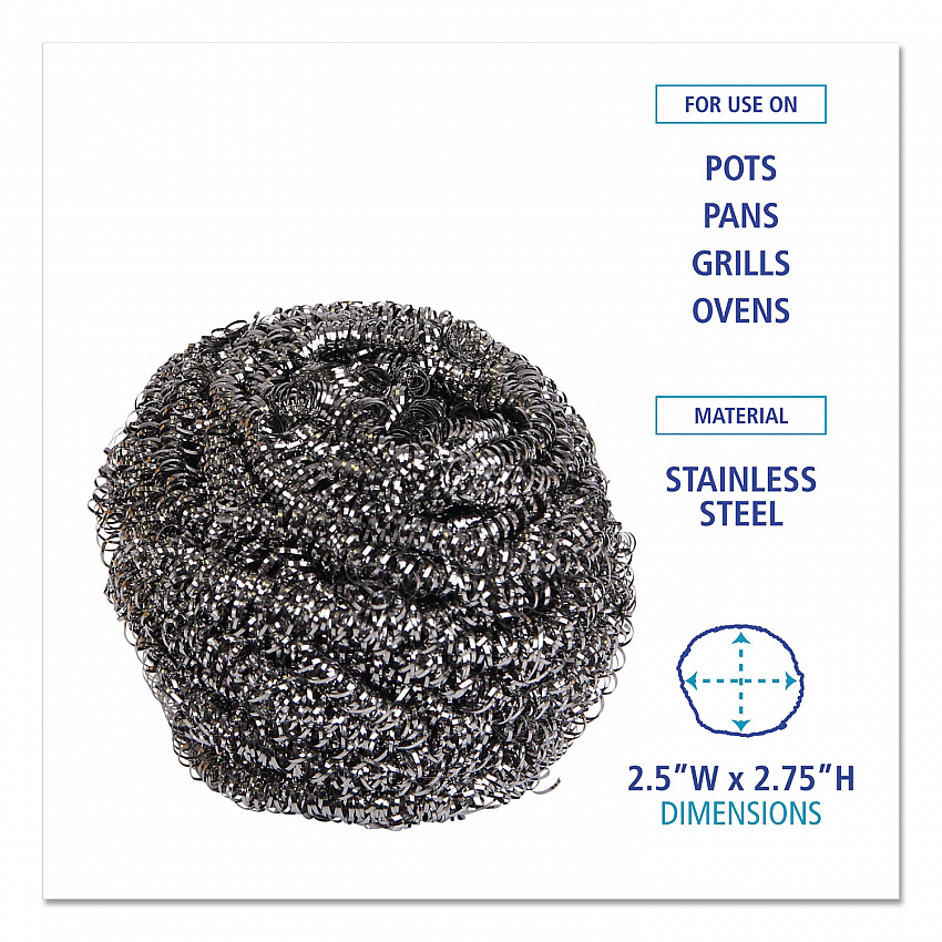 Stainless Steel Scrubber, Large Size, 2.5 x 2.75, Steel Gray, 12/Carton (50)