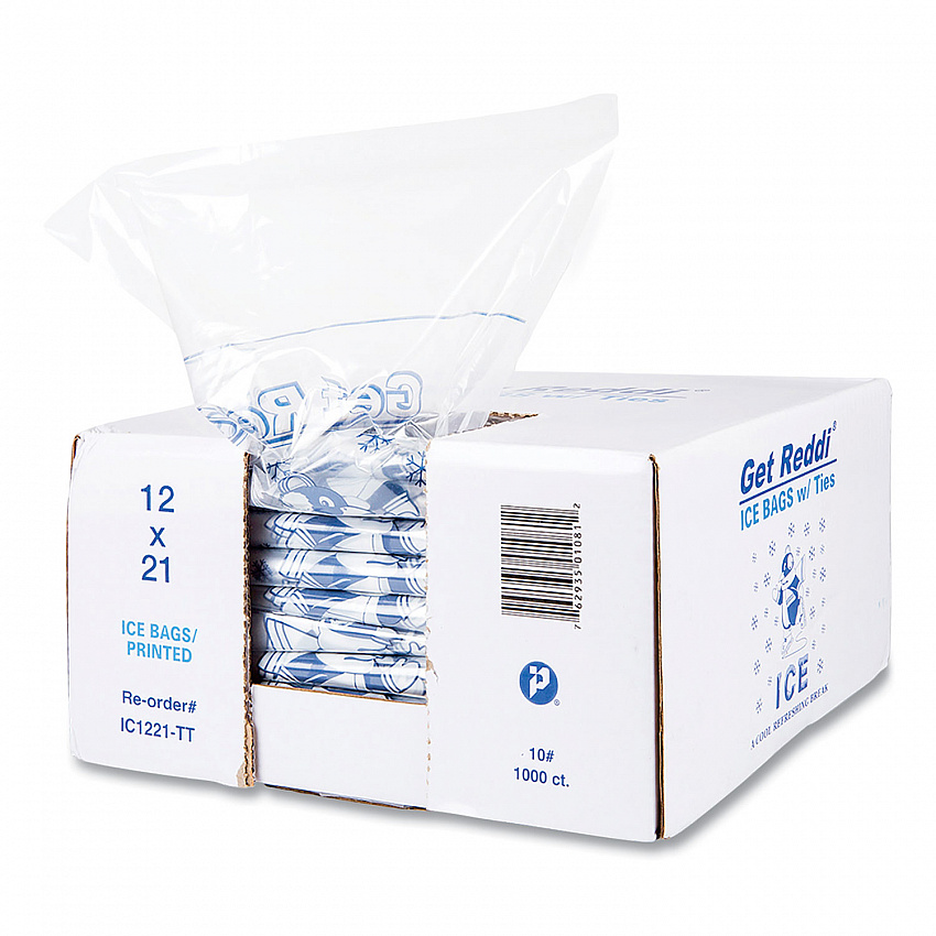 Ice Bags with Twist-Ties, Ice: Penguin Icon Labeling, 10 lb Capacity, 12" x 21", Clear, 1,000/Carton (IC1221)