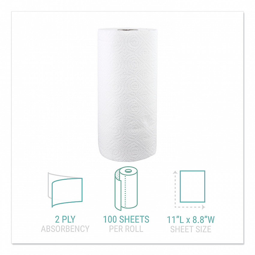 Kitchen Roll Towels, 2-Ply, 11 x 8.8, White, 100/Roll (1220RL)