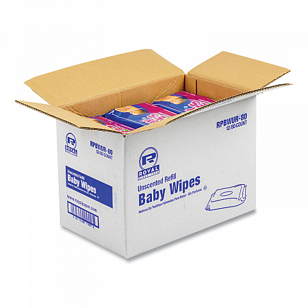 Baby Wipes Refill Pack, 8 x 7, Unscented, White, 80/Pack, 12 Packs/Carton (RPBWUR80)