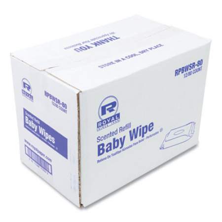 AmerCareRoyal Baby Wipes Refill Pack, Scented, White, 80/Pack, 12 Packs/Carton (RPBWSR80)