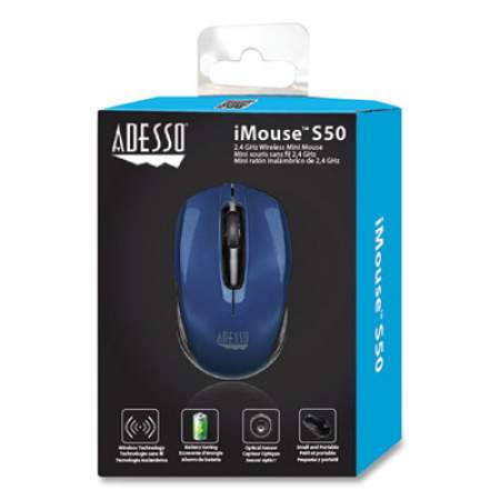 Adesso iMouse S50 Wireless Mini Mouse, 2.4 GHz Frequency/33 ft Wireless Range, Left/Right Hand Use, Blue (IMOUSES50L)