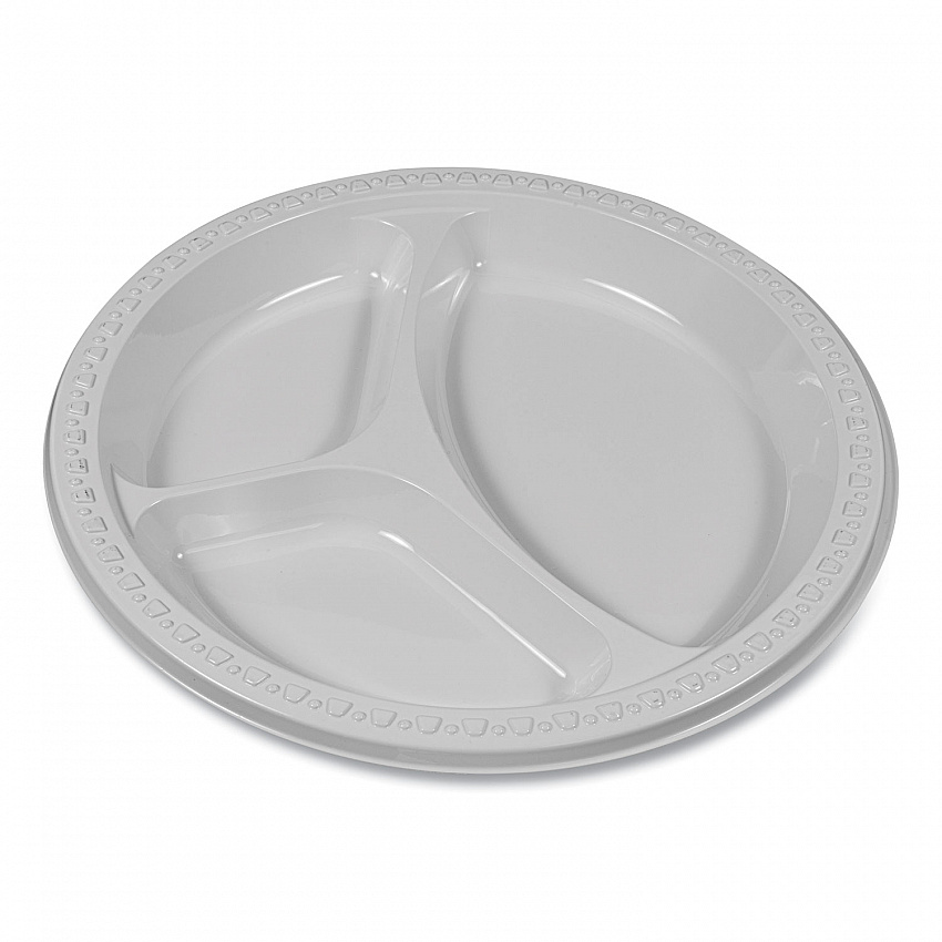 Plastic Dinnerware, 3-Compartment Plates, 9" dia, White, 125/Pack (19644WH)