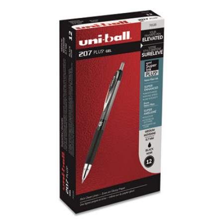 uni-ball 207PLUS+ Gel Pen, Retractable, Medium 0.7 mm, Black Ink, Black Barrel, Dozen (70120)