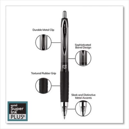 uni-ball 207PLUS+ Gel Pen, Retractable, Medium 0.7 mm, Black Ink, Black Barrel, Dozen (70120)