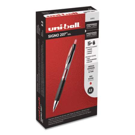 uni-ball Signo 207 Gel Pen, Retractable, Medium 0.7 mm, Red Ink, Smoke/Black/Red Barrel, Dozen (33952)