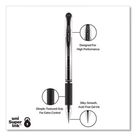 uni-ball Signo GRIP Gel Pen, Stick, Medium 0.7 mm, Black Ink, Silver/Black Barrel, Dozen (65450)