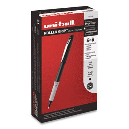 uni-ball Grip Roller Ball Pen, Stick, Fine 0.7 mm, Black Ink, Black Barrel, Dozen (60708)