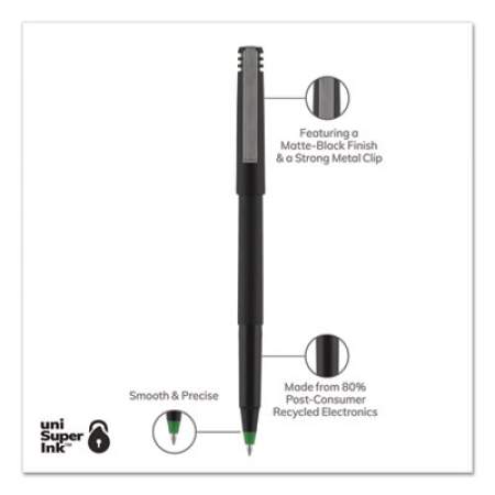 uni-ball Roller Ball Pen, Stick, Fine 0.7 mm, Green Ink, Black Matte Barrel, Dozen (60104)