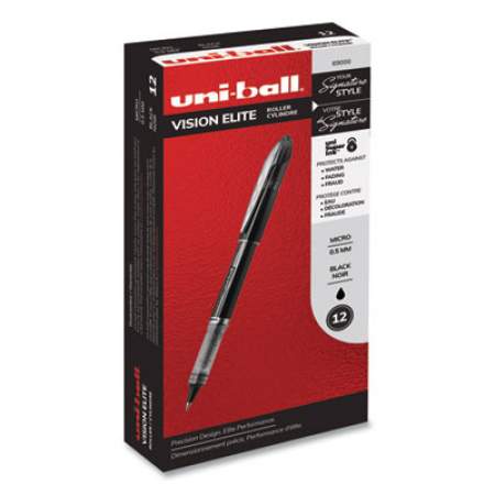 uni-ball VISION ELITE Roller Ball Pen, Stick, Extra-Fine 0.5 mm, Black Ink, Black Barrel (69000)